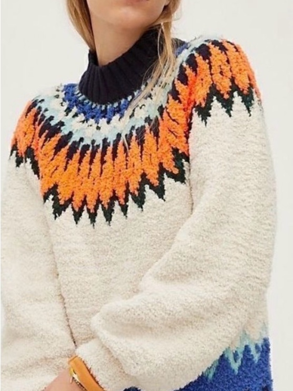 Pilcro Cream Turtleneck Sweater with Orange & Blue Fair Isle Yoke